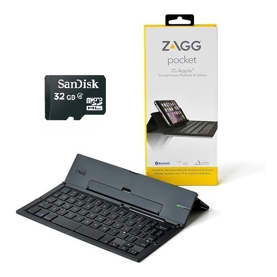 ZAGG Universal Pocket Keyboard | Fold-able ( GPU999ZGIKAAA ) + Sandisk Micro SD Card 32GB (SDSDQM032GB35A)