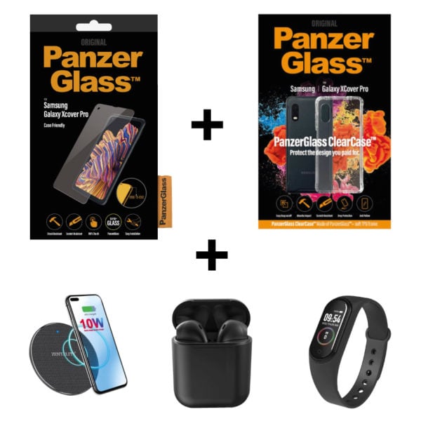 PanzergGlass™ Case Friendly Screen Protector for Samsung X Cover Pro (7227) + Clear Case (257) + Zentality WPB001 Wireless Charger + Zentality E22 Earpods + Zentality S010 Fitness Tracker