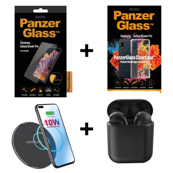 PanzergGlass™ Case Friendly Screen Protector for Samsung X Cover Pro (7227) + Clear Case (257) + Zentality WPB001 Wireless Charger + Zentality E22 Earpods