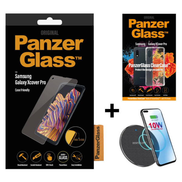 PanzergGlass™ Case Friendly Screen Protector for Samsung X Cover Pro (7227) + Clear Case (257) + Zentality WPB001 Wireless Charger