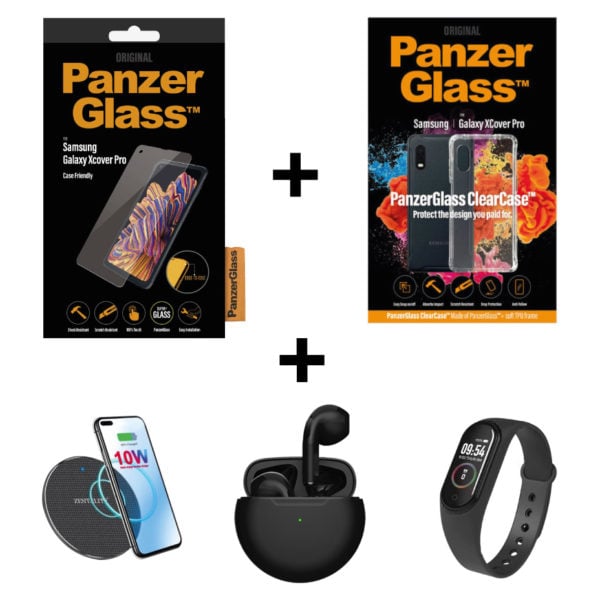 PanzergGlass™ Case Friendly Screen Protector for Samsung X Cover Pro (7227) + Clear Case (257) + Zentality WPB001 Wireless Charger + Zentality E25 Earpods + Zentality S010 Fitness Tracker