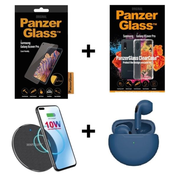 PanzergGlass™ Case Friendly Screen Protector for Samsung X Cover Pro (7227) + Clear Case (257) + Zentality WPB001 Wireless Charger + Zentality E25 Earpods Blue