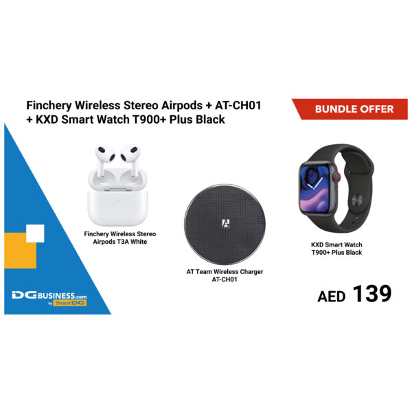 Finchery Wireless Stereo Airpods + AT-CH01 + KXD Smart Watch T900+ Plus Black Bundle