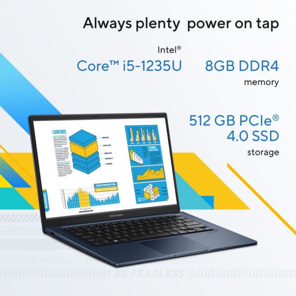 Asus Vivobook 14 (2022) Laptop - 12th Gen / Intel Core i5-1235U / 14inch FHD / 512GB SSD / 8GB RAM / Shared Intel Iris Xe Graphics / Windows 11 Home / English & Arabic Keyboard / Quiet Blue / Middle East Version - [X1404ZA-NK271W]